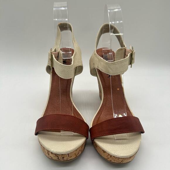 Diviana Sandal Womens Brown Cream 8 Ankle Strap Open Toe Wedge Sandal NEW - Picture 1 of 11